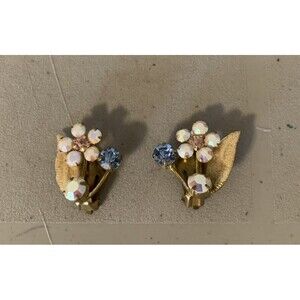 VINTAGE Austria Earrings Rhinestones Floral Clip On Gold Tone